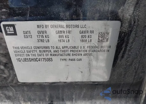 2012 Chevrolet Sonic 2Lz from USA, damaged, VIN 1G1JE5SH9C4175083